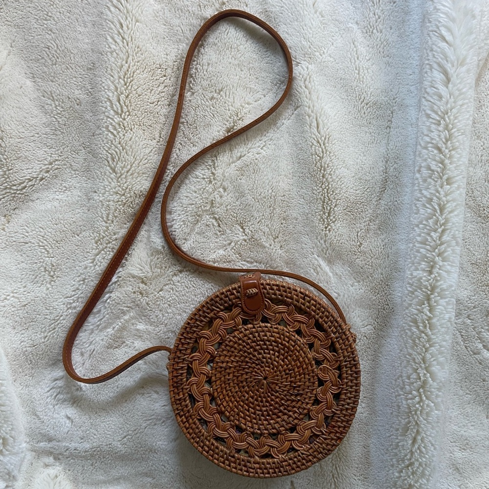 Brown Rattan Basket Crossbody Bag